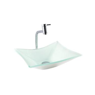 Imagem de Kit com Cuba Retangular De Vidro P/Banheiro Lavabo Apoio + Válvula Click + Torneira Link(Branco)