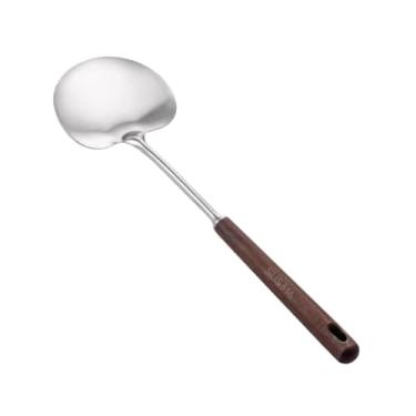 Imagem de IEUDNS Espátula para wok de aço inoxidável, cabo de madeira, profissional, fácil de limpar, multifuncional, portátil, utensílio de cozinha para fritar, 35 Cm X 10.7 Cm