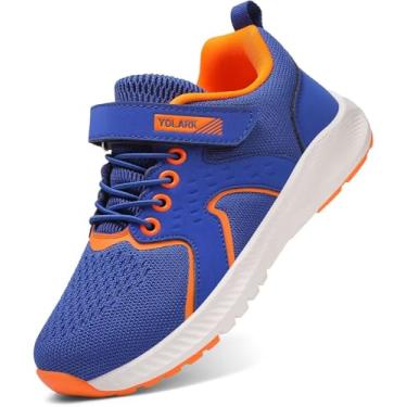 Imagem de YOLARK Tênis infantil para meninos e meninas, tênis de corrida, antiderrapante, caminhada, caminhada, leve, respirável, esportivo, atlético, Azul, laranja, 13 Little Kid