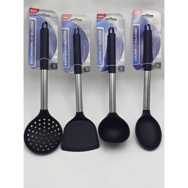 Imagem de Kit Cozinha Escumadeira, Colher, Concha e Espatula, Todas em Silicone com Cabo Inox, 4 Peças, Suporta até 230 Graus, Cor Preto Linha Premium