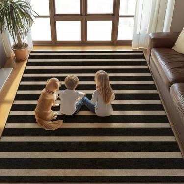 Imagem de Tapete de juta fácil listrado lavável, 12 x 18 cm, preto, externo, pátio, quinta, geométrico, tapete de área grande, leve, antiderrapante, para sala de estar, sala de jantar, quarto, sala de aula