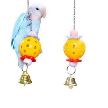 Imagem de CXYYXF Brinquedo de mastigar papagaio para gaiola bola de mastigar pássaros com sino de treinamento resistente a mordidas brinquedos de pendurar de plástico para pássaros pequenos, periquitos