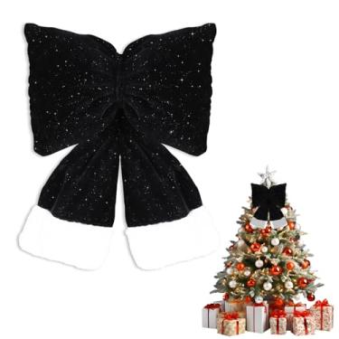 Imagem de TONIFUL Laço de Natal com glitter de 28 x 35,5 cm, laço de veludo preto para topo de árvore de Natal, decoração de festa de Natal, grinalda, corda, escada, decoração de porta da frente, enfeite para