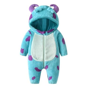 Imagem de Macacão Fantasia Infantil Bebê Monstrinho Azul com Chifre – Roupa de Inverno Pelúcia Unissex, Fantasia Cosplay, Pijama Macio Menino Menina