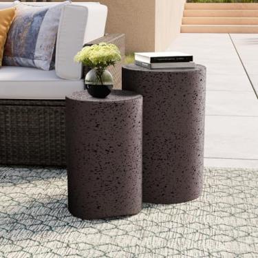 Imagem de COSIEST Mesa lateral de concreto, conjunto de 2 mesas laterais redondas para ambientes externos, bancos decorativos de jardim para ambientes internos e externos, mesa de canto de pátio com manchas,
