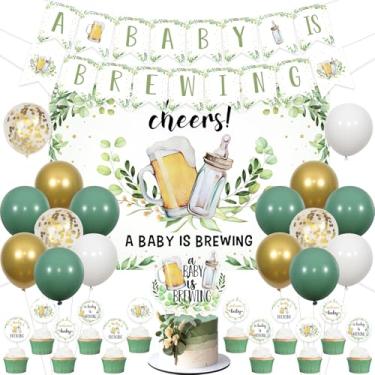 Imagem de JOYMEMO Greenery Bottle and Beer Baby Shower Decorations - Sage Green A Baby Is Brewing Backdrop, Banner, Cake Topper, Cupcake Toppers Double Sided for Pregnancy Celebration Newborn Birthday Party
