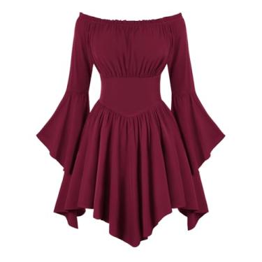 Imagem de Scarlet Darkness Vestido feminino de cosplay de bruxa gótica, Halloween, ombro de fora, manga de sino, vinho, 2GG