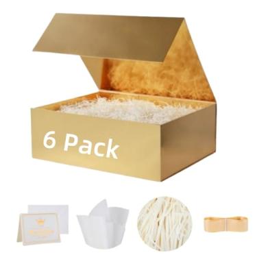 Imagem de UoeRing Pacote com 6 caixas de presente douradas, 24 x 15 x 7,6 cm, pequena caixa de presente luxuosa para presentes com tampa magnética dobrável, pedido de dama de honra, contém cartão, fita, papel