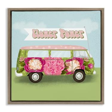 Imagem de Stupell Industries Arte de parede Flower Power Peony Bus marrom emoldurada em tela flutuante por Jilly Jack Designs, 18 x 18