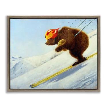 Imagem de Stupell Industries Design de arte de parede em tela flutuante marrom The Heist Skiing Bear por Lucia Heffernan, 43 x 53 cm