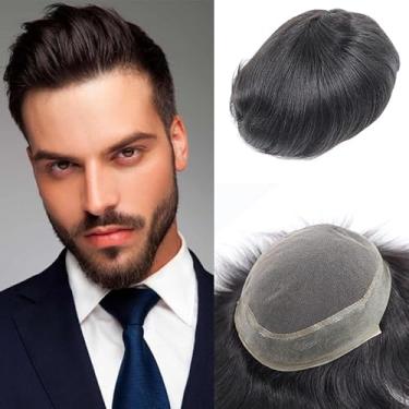 Imagem de Peruca masculina 15 x 23 x 23 cm, peruca masculina com renda monocromática, sistema de prótese capilar 100% cabelo humano respirável durável peruca masculina preta natural (Q6, 7X10)
