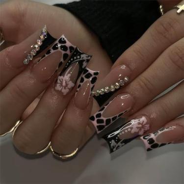 Imagem de RTKHFZE Unhas de pressão longa, quadradas, unhas postiças, pressione para formatura/festa/feriado, 24 peças (preto com strass, ponta francesa)