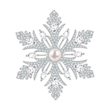 Imagem de KristLand - Broche de floco de neve elegante em prata Art Déco para mulheres, pérola de água doce com folha de zircônia cúbica AAA, flocos de neve de inverno, corsage, presente de Natal para mãe