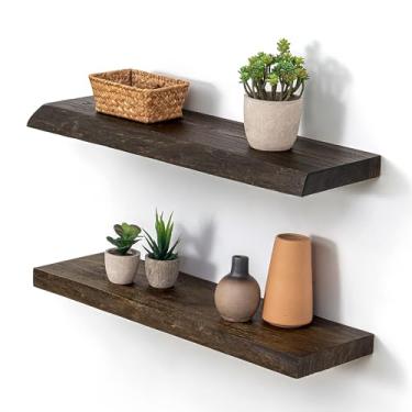 Imagem de Prateleiras flutuantes para parede 61 x 20 cm, conjunto de 2 - Prateleiras de madeira de olmo rústica com suportes invisíveis, prateleira rústica montada na parede para sala de estar, quarto, cozinha