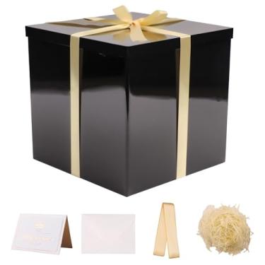 Imagem de UoeRing Caixa de presente grande com tampa de 30 x 30 x 28 cm, caixas de presente pretas para presentes para aniversários, dia dos namorados, dia das mães, Natal com envelope de cartão de fita e