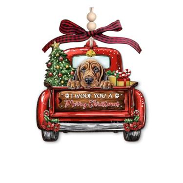 Imagem de Enfeite de Natal de madeira Bloodhound - Decoração de Natal de caminhão vermelho com presentes de árvore de Natal e citação "I Woof You A Merry Christmas" - Enfeite rústico de Natal para amantes de