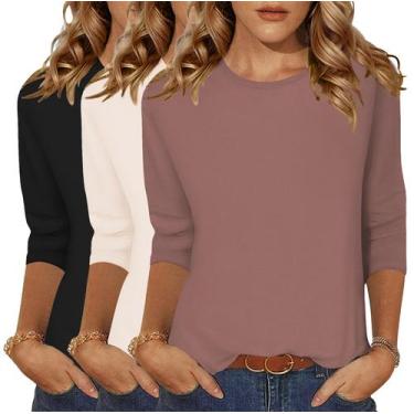 Imagem de Camisetas femininas Zeagoo, manga 3/4, gola redonda, pretas, pacote co