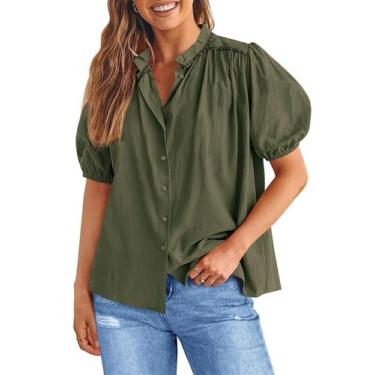 Imagem de Blusa feminina Tankaneo, manga folhada, 100% algodão, verde militar