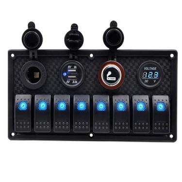 Imagem de Riloer Painel de interruptor basculante 8 Gang 12-24 V para veículos marítimos RV, caminhão, barco, impermeável, visor de voltímetro digital, porta de carregador USB dupla CC 12/24 V, interruptores