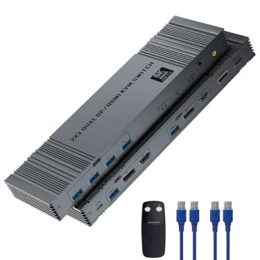Imagem de Interruptor KVM de 8 K a 60 Hz, 2 computadores, switch HDMI DisplayPort KVM 4K @ 120Hz com 4 portas USB 3.0, suporta modo estendido/cópia, inclui 2 cabos USB 3.0 e controle remoto