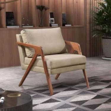 Imagem de Poltrona Mona Luxo Design Moderno em Madeira Maciça Tecido Linho Bege