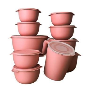 Imagem de Conjunto de 10 saladeiras ou 5 saladeiras + jarro de 1,8 litros Saladeiras de cozinha Recipientes plásticos para armazenamento de alimentos (10 Rosa + Jarra)