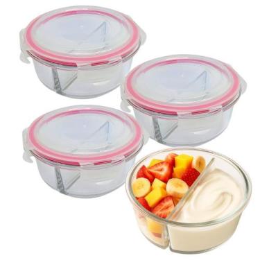 Imagem de Kit 3 Pote De Vidro Tampa Hermético Redondo Com Divisória Marmita Fit 
