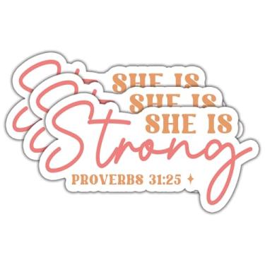 Imagem de (3 peças) She is Strong Proverbs 31:25 adesivos citações motivacionais decalque adesivos de vinil à prova d'água adulto para laptop Kindle copo de carro garrafa de água caneca telefone caderno tamanho
