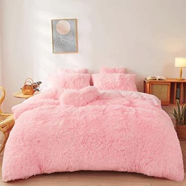 Imagem de Conjunto de capa de edredom rosa de pele sintética fofa Queen - Conjunto de cama rosa de pelúcia ultramacia 3 peças (1 capa de edredom fofa + 2 fronhas de pele sintética) Conjunto de cama fofo (rosa