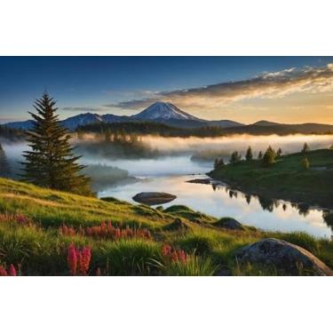 Imagem de Quadro Decorativo com Estampa Painting Mountain Lake And Trees 40 x 40 Papel 1 unidade