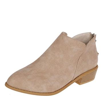 Imagem de JITUUE Botas de cano curto para mulheres, vestido casual feminino, botas de salto baixo. Sapatos modernos com design de salto grosso com corte em V, Cáqui, 35 BR