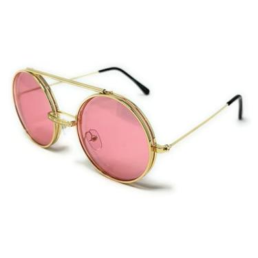Imagem de Óculos de sol redondos dobráveis vintage estilo punk vapor, armação de metal, espelho Revo ou lentes de cor sólida, design clássico, Dourado, rosa claro, Large