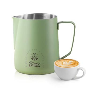 Imagem de Jarro de espuma de leite de 350 ml, copo de arte latte de aço inoxidável com bico de arco duplo, ponta afiada e cabo ergonômico para café expresso e cappuccino