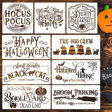 Imagem de Estênceis de pintura SUNVERSE Halloween para letreiros de madeira, 9 u