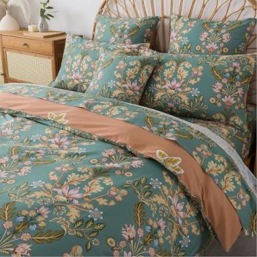 Imagem de FADFAY Conjunto de capa de edredom solteiro, 3 peças 100% algodão, roupa de cama floral boho vintage azul-petróleo e laranja, capa de cama reversível estilo country com zíper