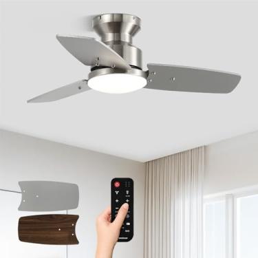 Imagem de Ventiladores de teto de 76 cm com luzes e controle remoto, quarto, sala de estar, escritório, montagem embutida, regulável 3 CCT, duas cores, 3 lâminas 6 velocidades, motor CC silencioso reversível