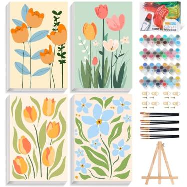 Imagem de Kit de pintura emoldurada por números para adultos iniciantes com cavalete de madeira, kit de pintura de flores DIY por números com moldura, pintura de flores simples por números para decoração de