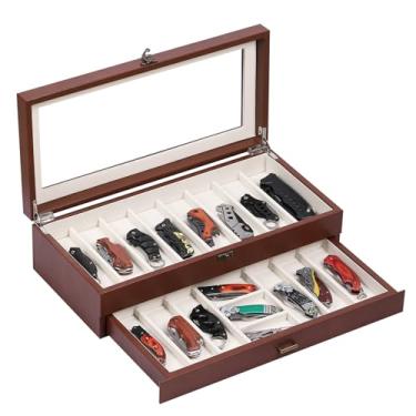 Imagem de AUTOARK Organizador de facas de couro PU e veludo de 2 camadas com 17 compartimentos, parte superior e gaveta de vidro transparente, armazenamento compacto para canivetes, perfeito para coleções e