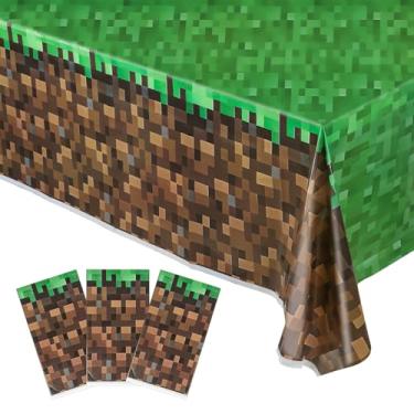 Imagem de Conjunto de 3 peças de toalha de mesa para jogos, 129,5 x 221 cm, capa de mesa verde e marrom para decoração de festa de aniversário com tema de videogame