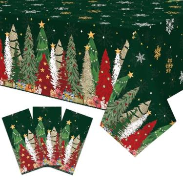 Imagem de Toalha de mesa de plástico de árvore de Natal de 3 peças de 137 x 272 cm – Capa de mesa descartável festiva para festas de inverno, jantares de Natal e decorações internas e externas