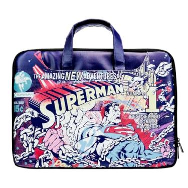 Imagem de Bolsa retrô estilo quadrinhos para laptop para homens e mulheres, tema de super-herói, bolsa carteiro de couro sintético impermeável de 35 cm com alça ajustável, manga acolchoada macia com alça de