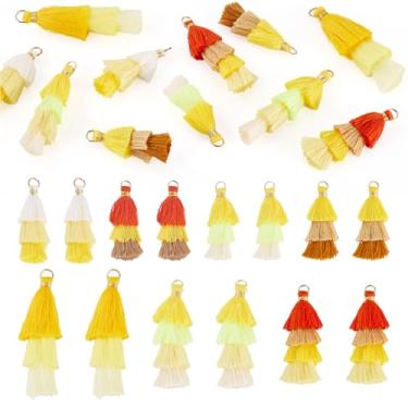 Imagem de Beadthoven 28 peças chaveiro amarelo borlas 7 estilos multi-camadas macio pompom algodão artesanato borlas pingentes com anel de salto dourado para fazer joias, brincos, marcadores de livro