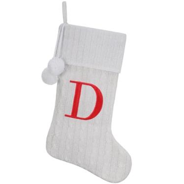 Imagem de Pxniy Meia de Natal personalizada de 48 cm - malha branca com monograma bordado e pompons, cabide de lareira familiar para decoração de férias, letra D branca