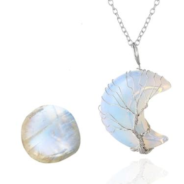 Imagem de Halukakah Pulseira com colar de pedra da lua - Lunarlove - Fio de árvore da vida banhado a ouro 18 k feito à mão, pingente de lua de cristal natural/coração/gota de água.., Necklace 20In, Latão, Pedra