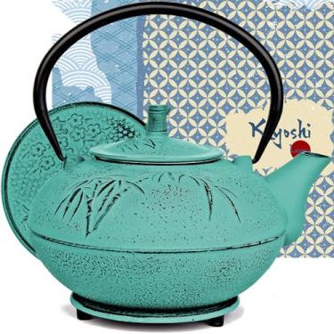 Imagem de Bule de chá de ferro fundido Xtra Grande capacidade 2500 ml com tripé e infusor de chá de folhas soltas, bule de chá de ferro fundido grande seguro para fogão. Tetsubin revestido com interior esmaltado - bule grande verde