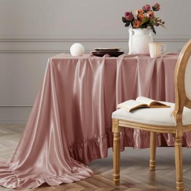 Imagem de Vonty Toalha de mesa de cetim ouro rosa - 152 x 259 cm, toalha de mesa sedosa, retangular, recortada, capa de mesa de fazenda, toalhas de mesa de seda, saia vintage para cozinha e jantar