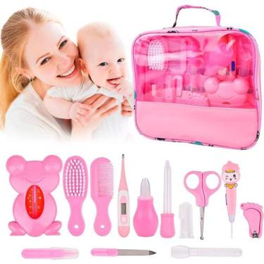 Imagem de Kit Higiene Bebê Rosa Pente Tesoura Termômetro Digital Bolsa