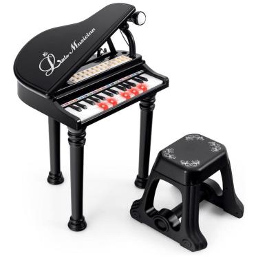 Imagem de Piano Teclado Infantil com 31 Teclas, Banco, Microfone e Modo Ensino LED, Costzon, Preto