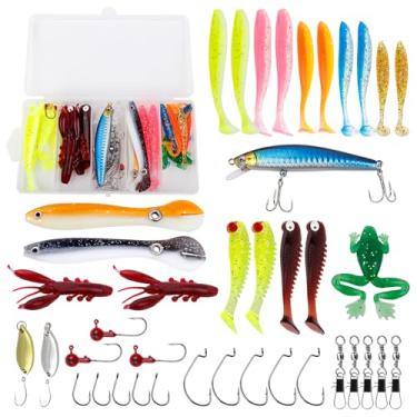 Imagem de Balifly Kit de iscas de pesca de robalo, conjunto de equipamentos de pesca de água doce, inclui iscas de colher iscas de plástico macio, ganchos giratórios para pesca em água doce e salgada, kit