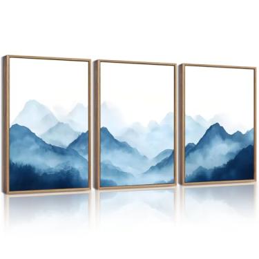 Imagem de KUVIOKE Blue Watercolor Mountains in Fog Framed Wall Art Wilderness Nature Landscape Painting Rustic Scenic Relax Cool Room Decor for Bedroom Dining Room 30.5x40.6 cm (moldura natural)